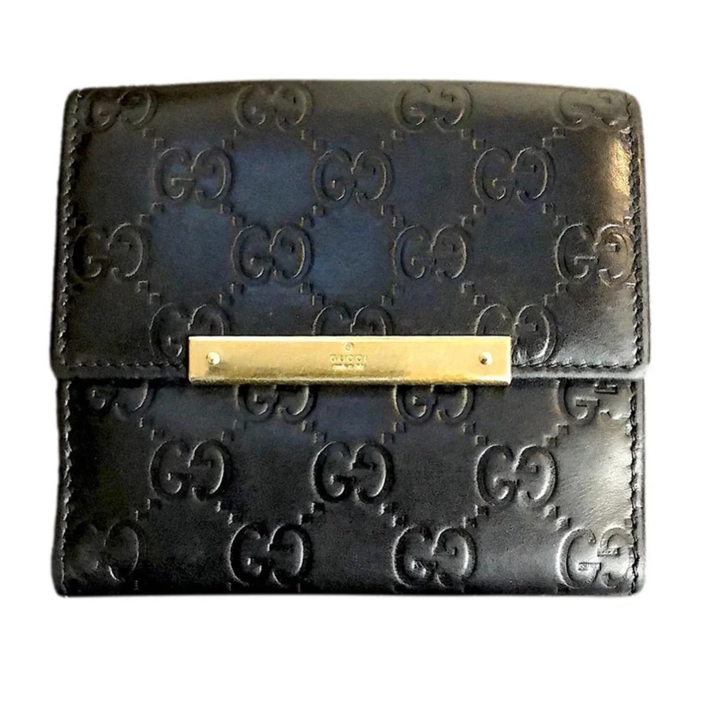 Men GUCCI Black Lambskin GG Guccismo Bifold Wallet With Billfold Coin Section